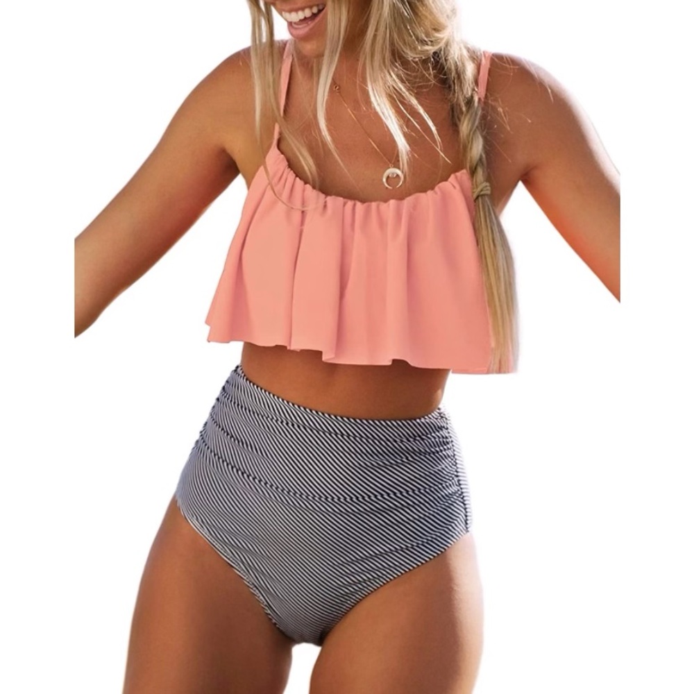 Pink and Black Striped Women's Swim Set Size M
